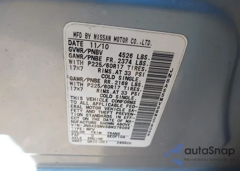 2011 Nissan Rogue Sv z USA, uszkodzony, nr VIN JN8AS5MV8BW276089